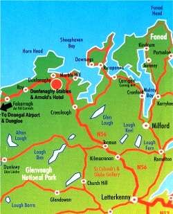 Map showing Dunfanaghy Stables and Arnold's Hotel